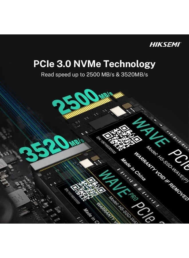 HIKSEMI SSD WAVE Pro(P) 1024G, PCIe Gen 3 x 4, NVMe, 80.15 mm × 22.15 mm × 2.38 mm Up to 3520MB/s read speed, 2900MB/s write speed, Internal Solid State Drive, 5 years warranty - Image 2